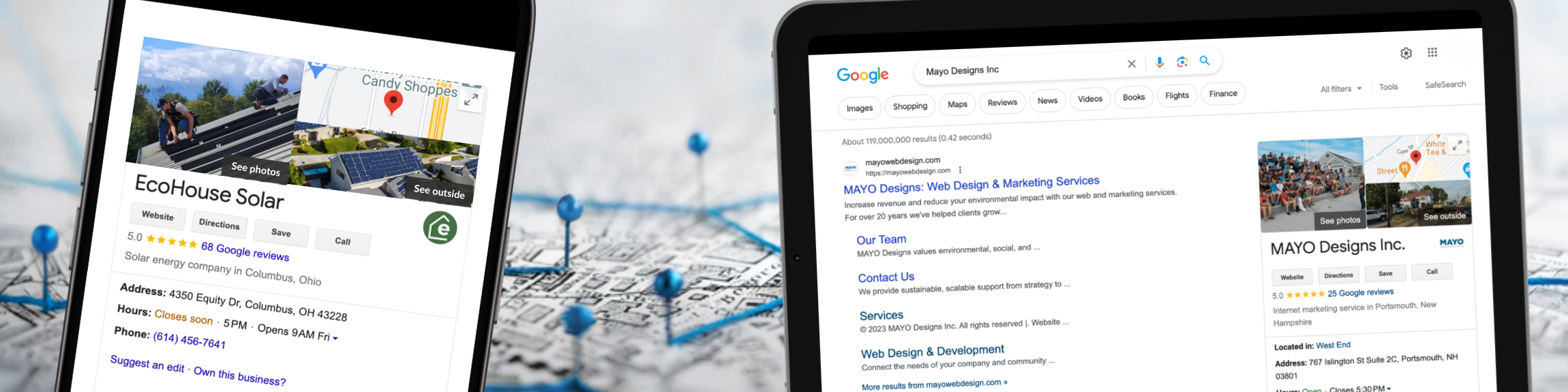 Phone and laptop screens showing local SEO Google business profiles